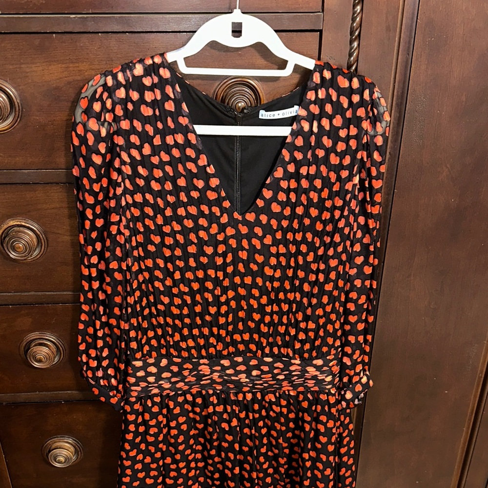Alice + Olivia Black Long Sleeve Dress with Red Heart Print